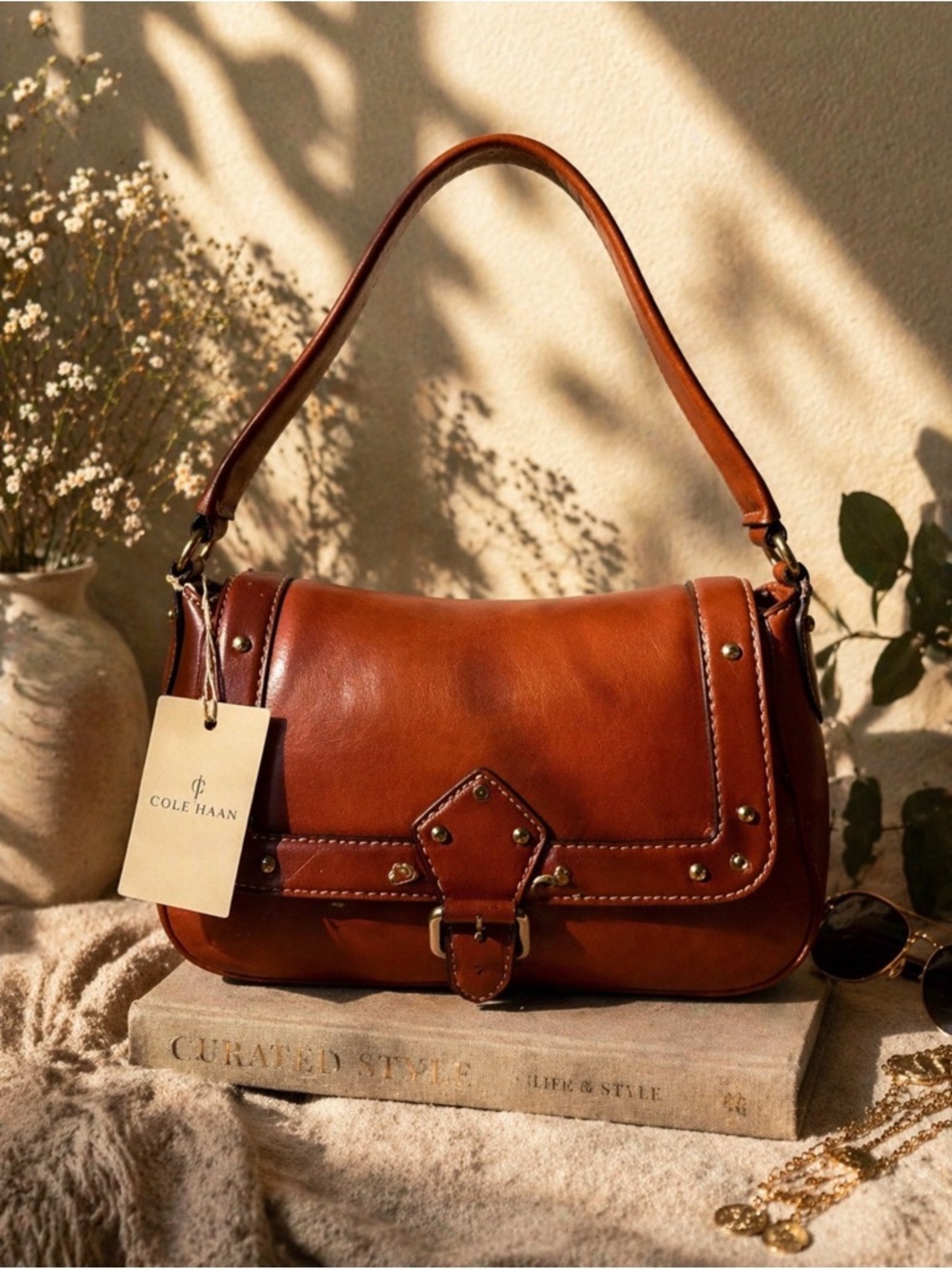 NWT! Cole Haan Vintage Cognac Leather Shoulder Bag Studded Buckle Flap Y2K Luxe - Picture 2 of 8